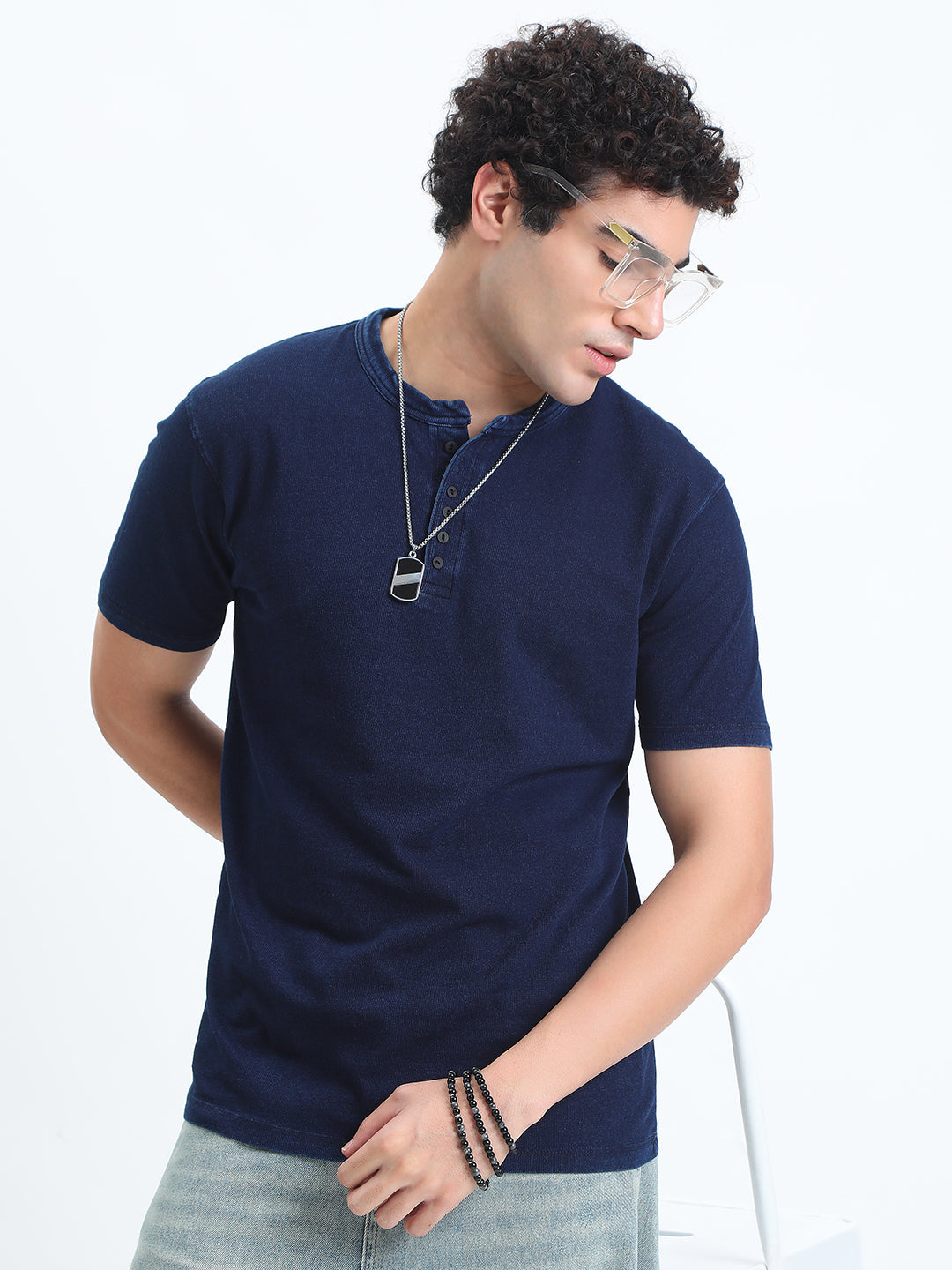 Men's Navy Blue Henley Collar Regular Fit T-Shirt