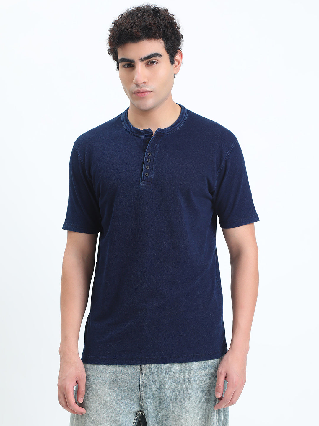 Men's Navy Blue Henley Collar Regular Fit T-Shirt