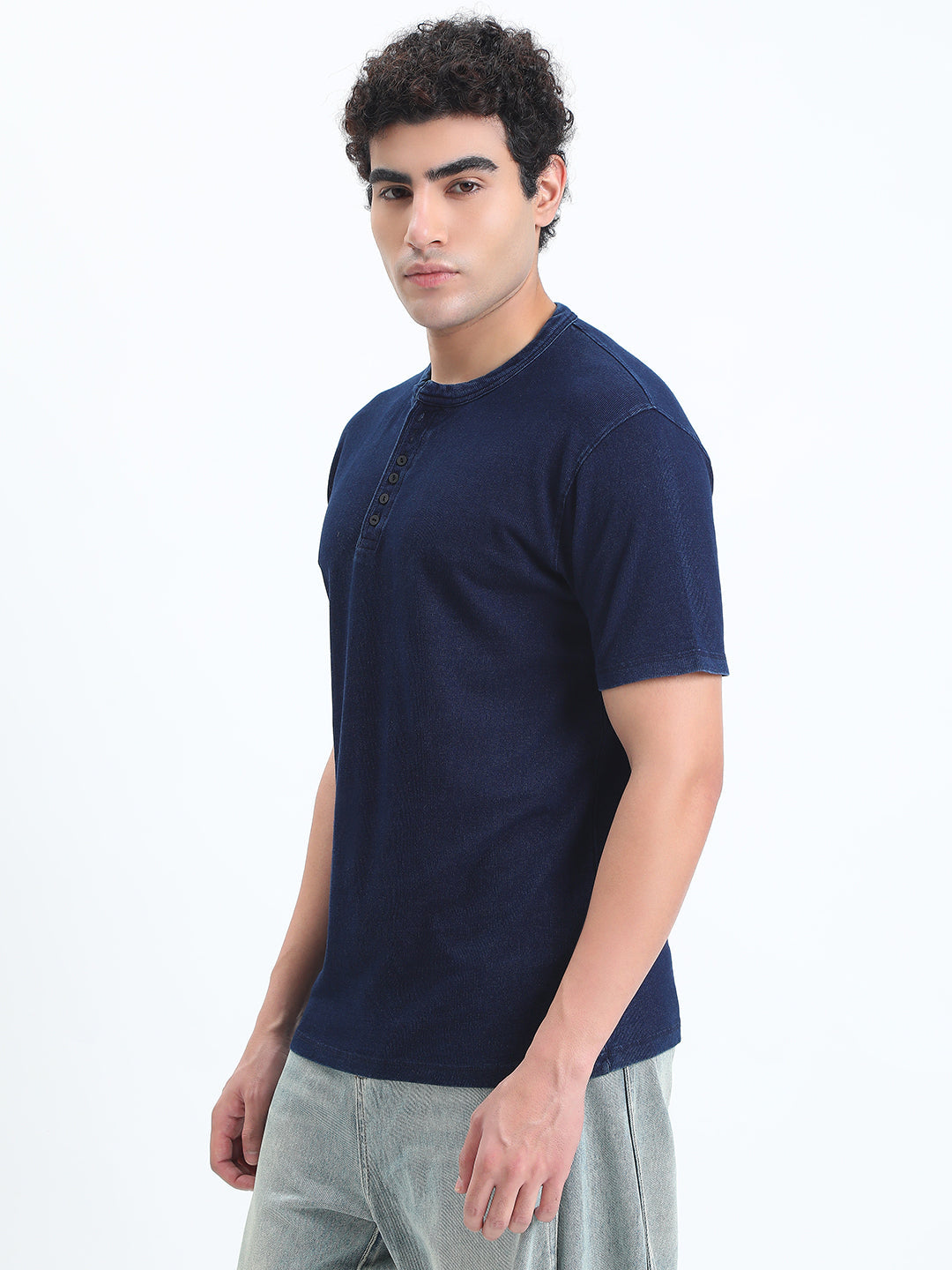 Men's Navy Blue Henley Collar Regular Fit T-Shirt
