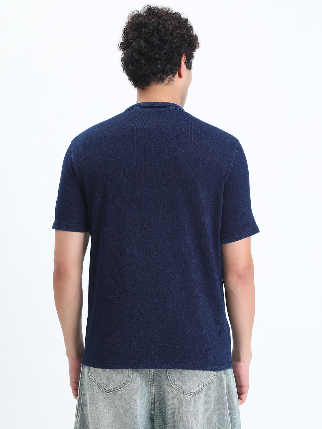 Men's Navy Blue Henley Collar Regular Fit T-Shirt