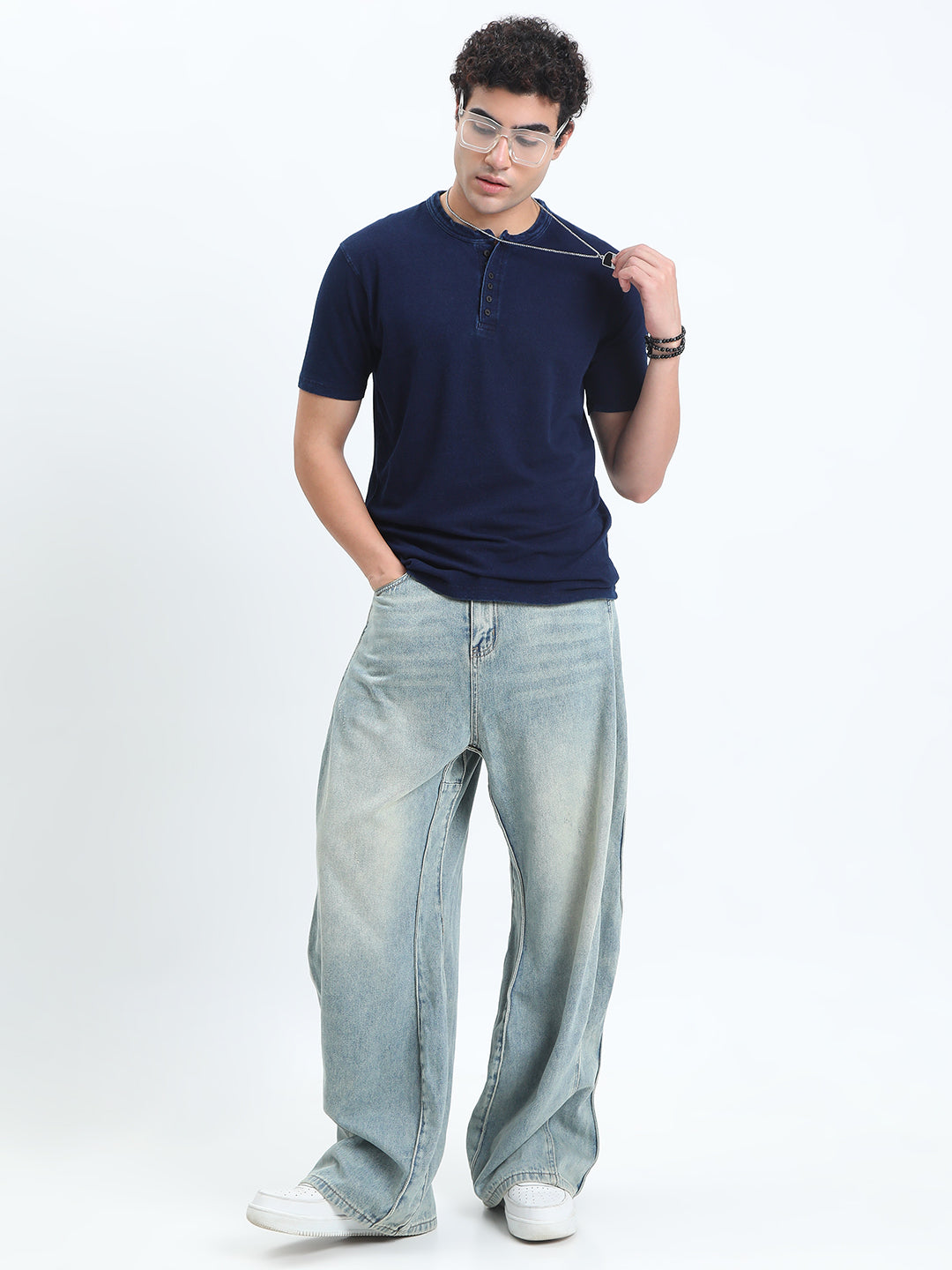 Men's Navy Blue Henley Collar Regular Fit T-Shirt