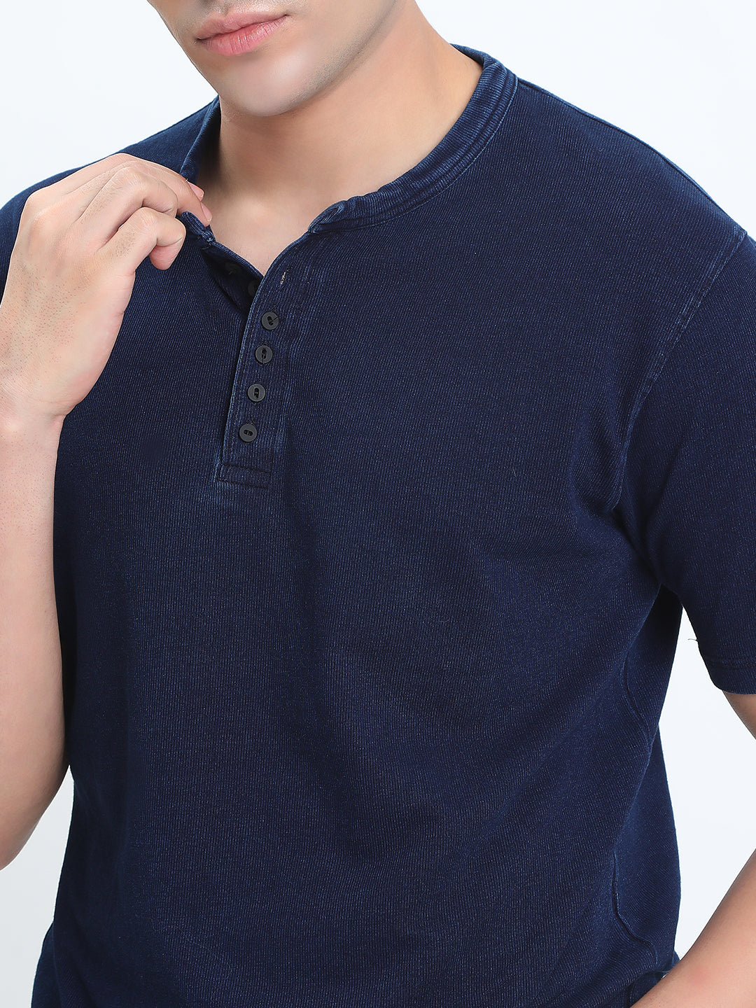 Men's Navy Blue Henley Collar Regular Fit T-Shirt