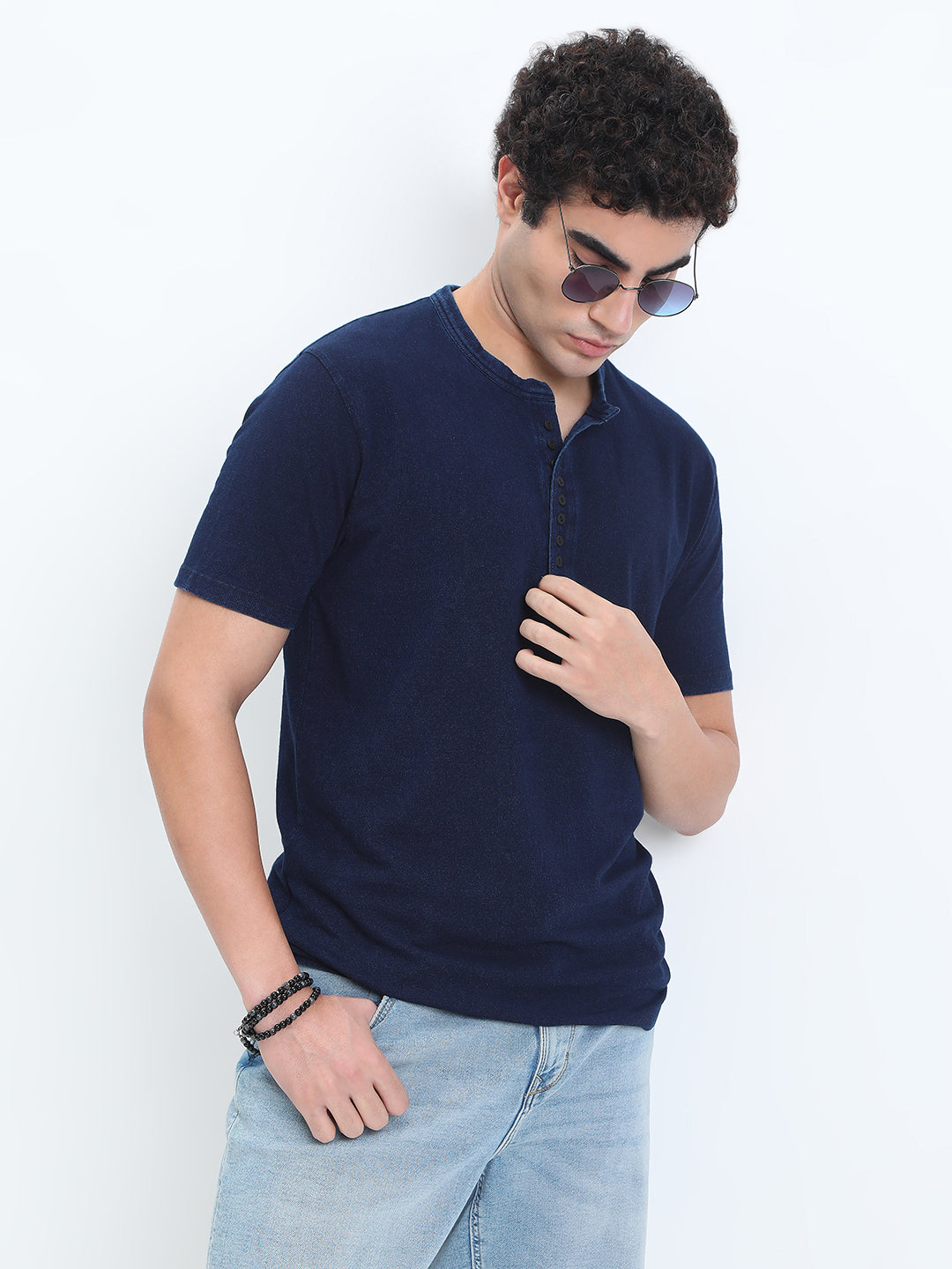Men's Navy Blue Henley Collar Regular Fit T-Shirt