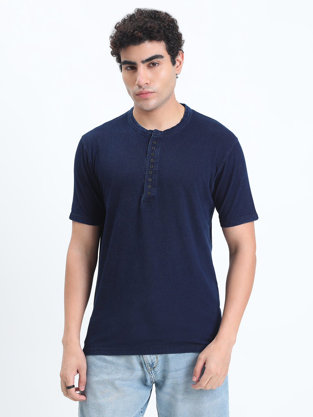Men's Navy Blue Henley Collar Regular Fit T-Shirt