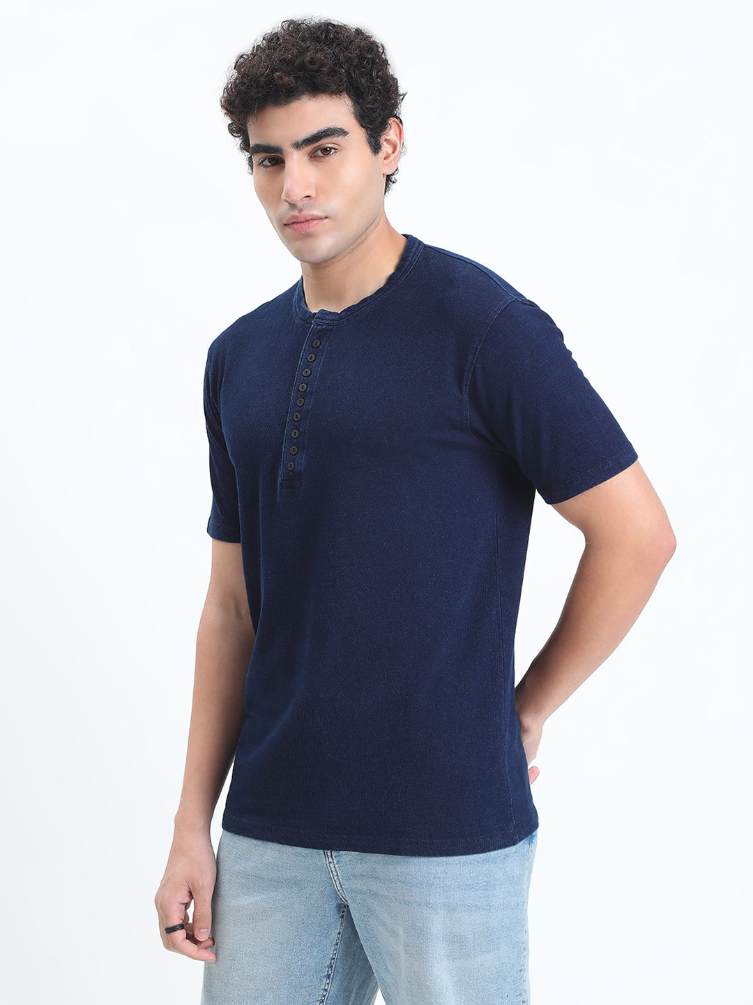 Men's Navy Blue Henley Collar Regular Fit T-Shirt