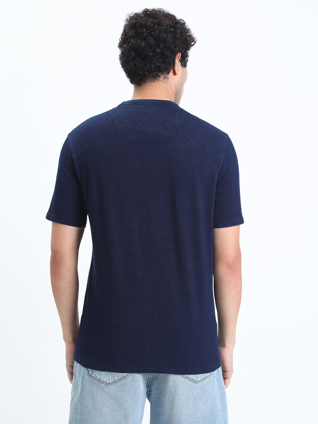 Men's Navy Blue Henley Collar Regular Fit T-Shirt