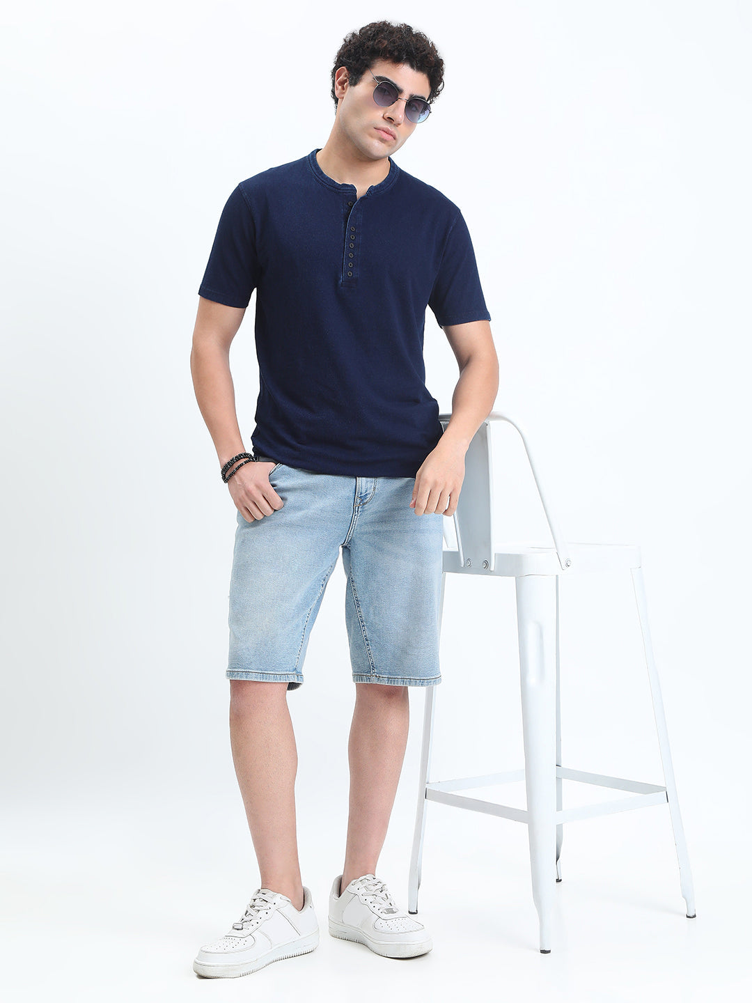 Men's Navy Blue Henley Collar Regular Fit T-Shirt