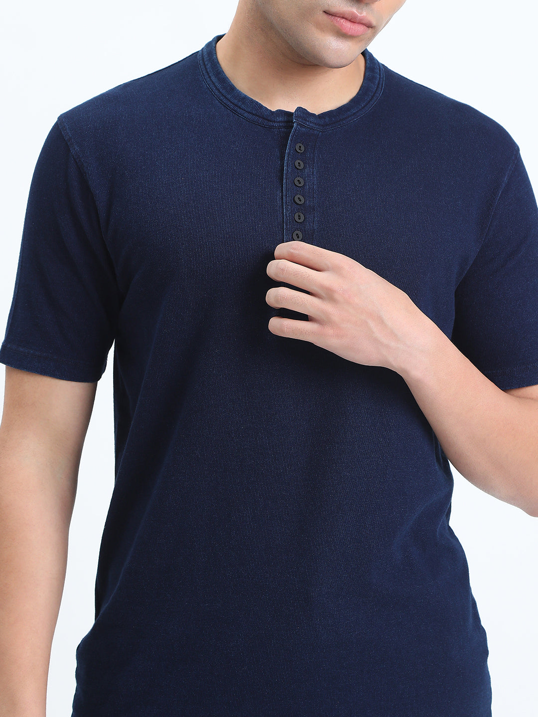 Men's Navy Blue Henley Collar Regular Fit T-Shirt