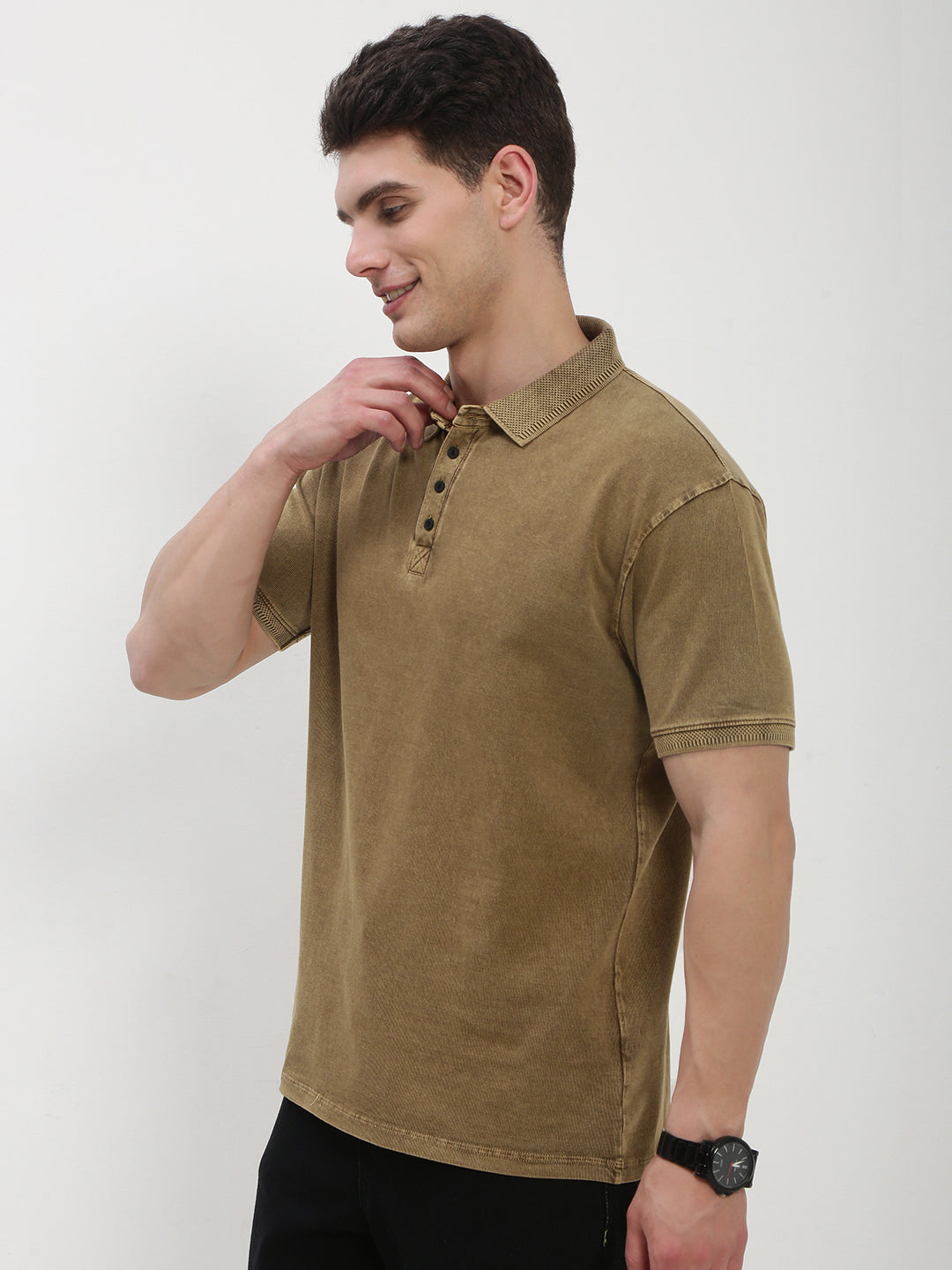 Men's Khaki Solid Polo Collar T-Shirt