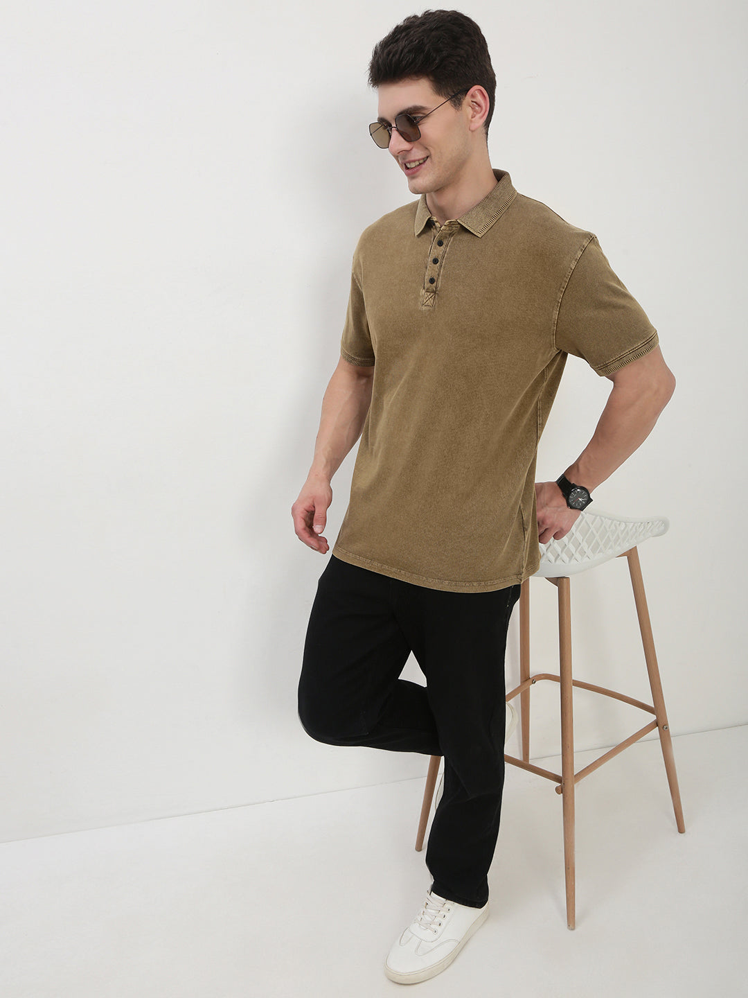 Men's Khaki Solid Polo Collar T-Shirt
