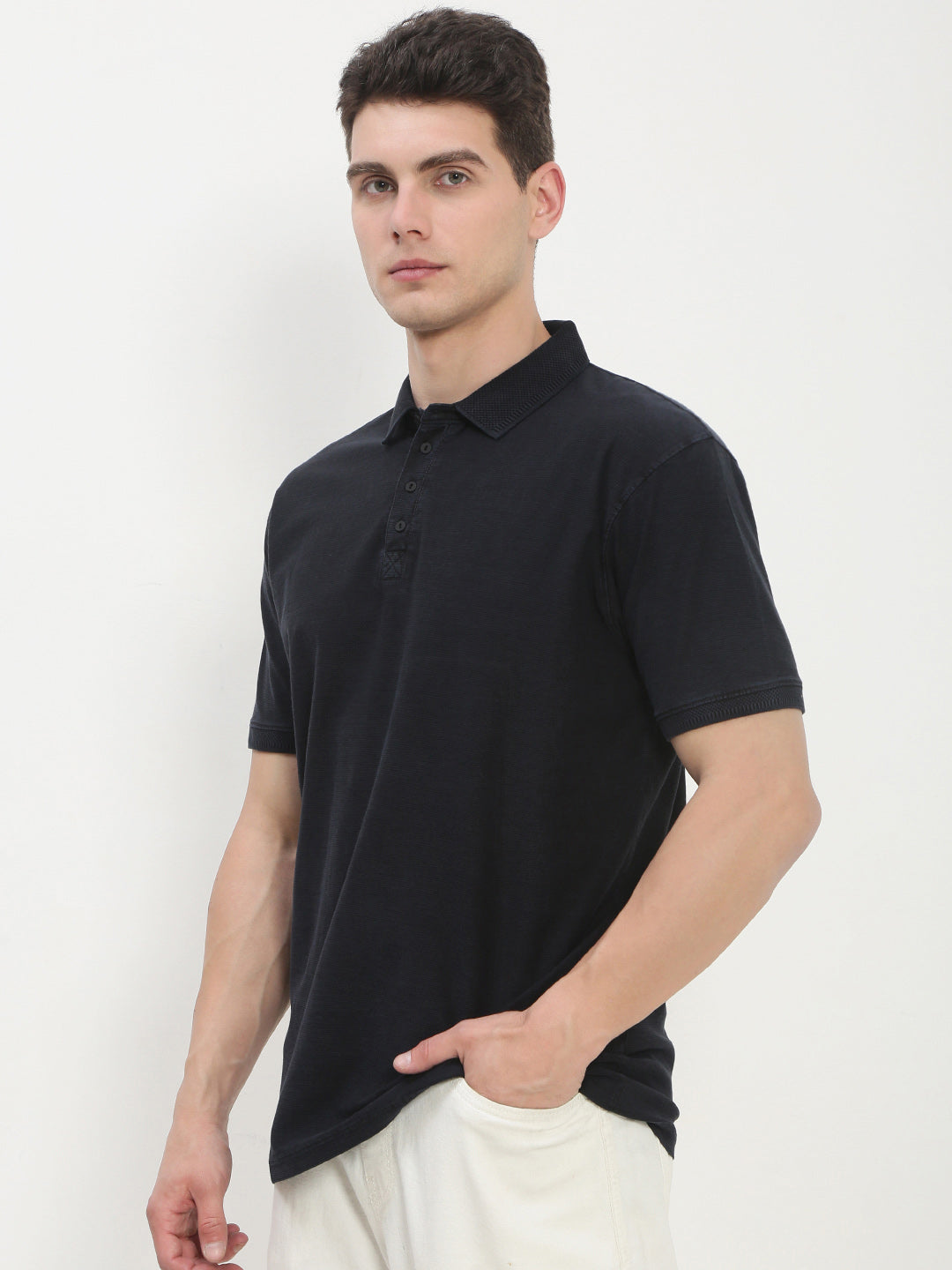 Men's Navy Blue Solid Polo Collar T-Shirt