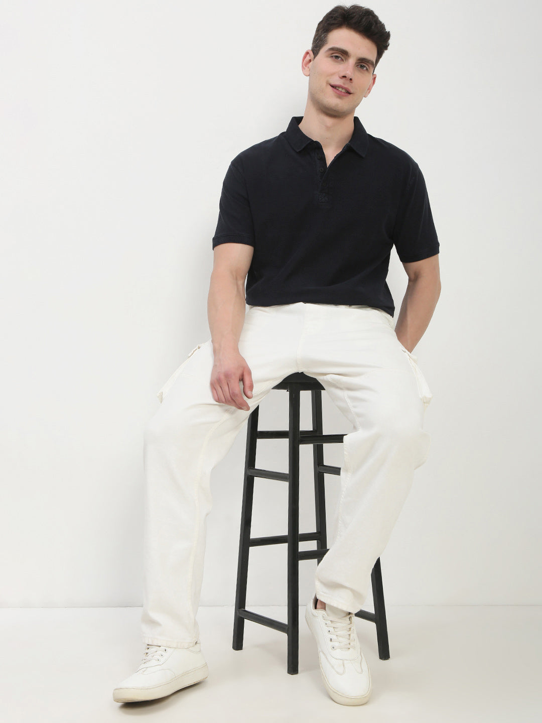 Men's Navy Blue Solid Polo Collar T-Shirt