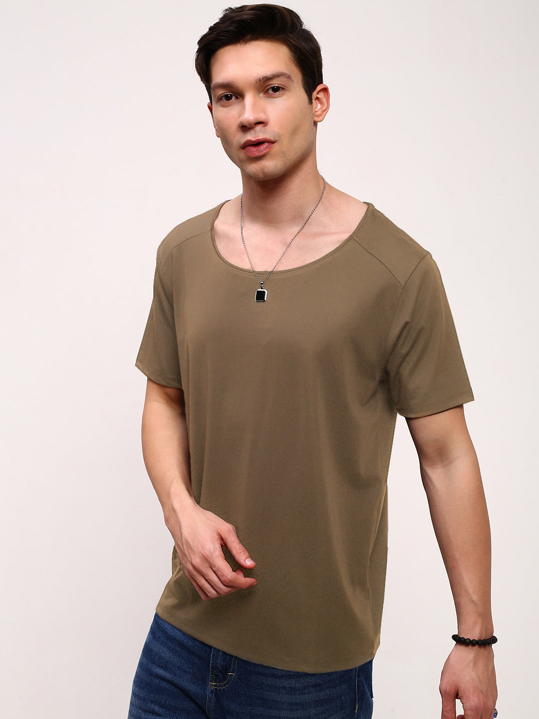 Men's Khaki Round Neck Slim Fit T-Shirt