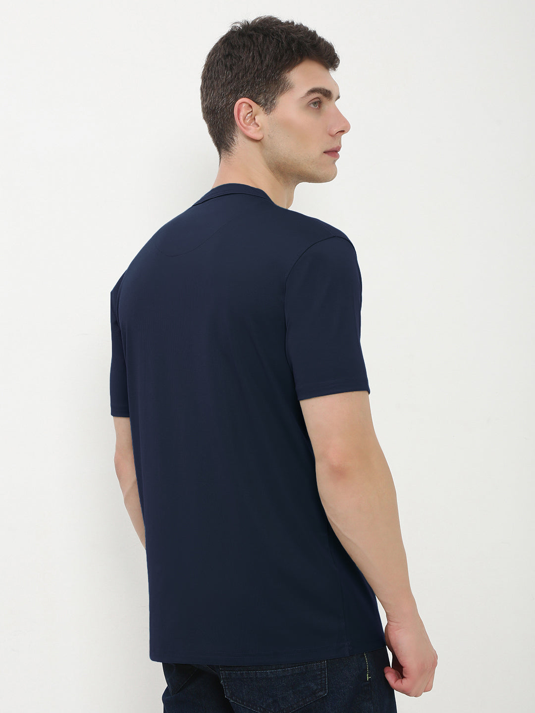 Men's Navy Blue Henley Collar Slim Fit T-Shirt