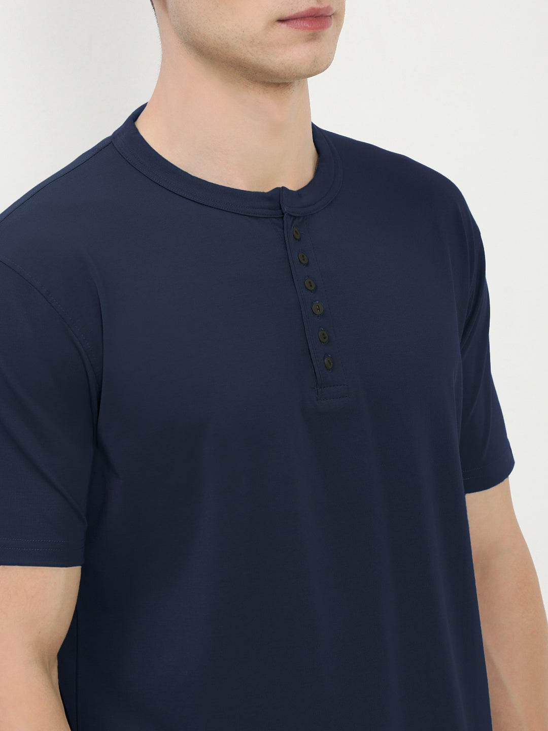 Men's Navy Blue Henley Collar Slim Fit T-Shirt