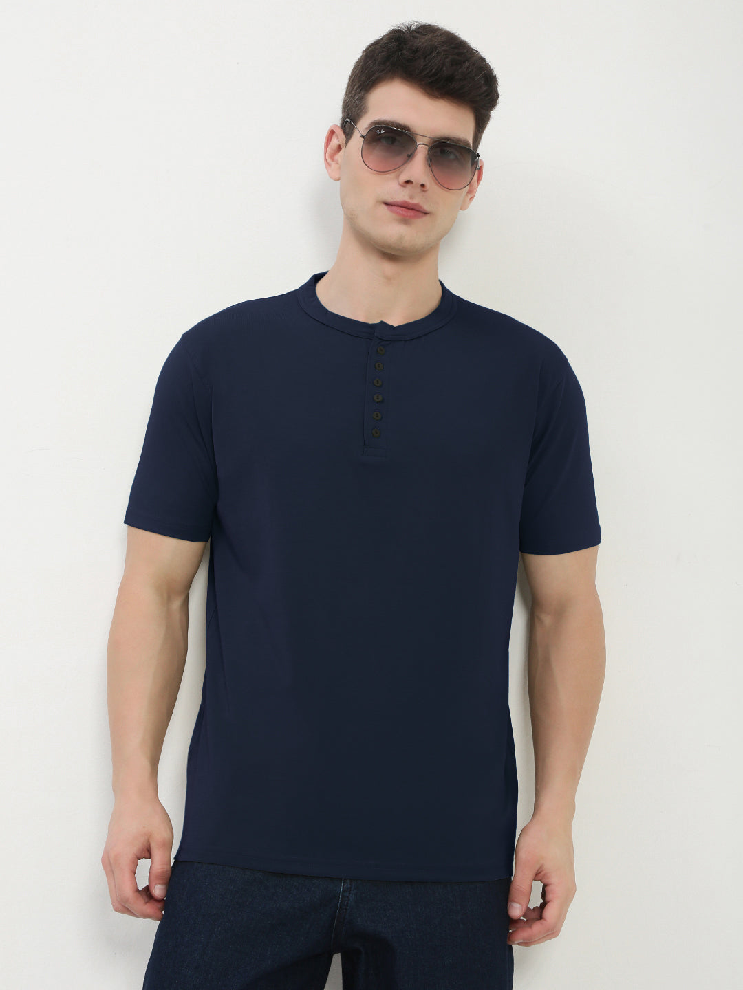 Men's Navy Blue Henley Collar Slim Fit T-Shirt