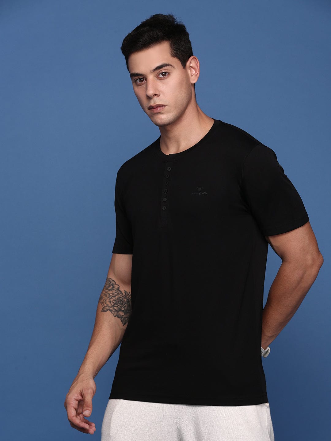 Men's Black Henley Neck Cotton Slim Fit Solid T-Shirt