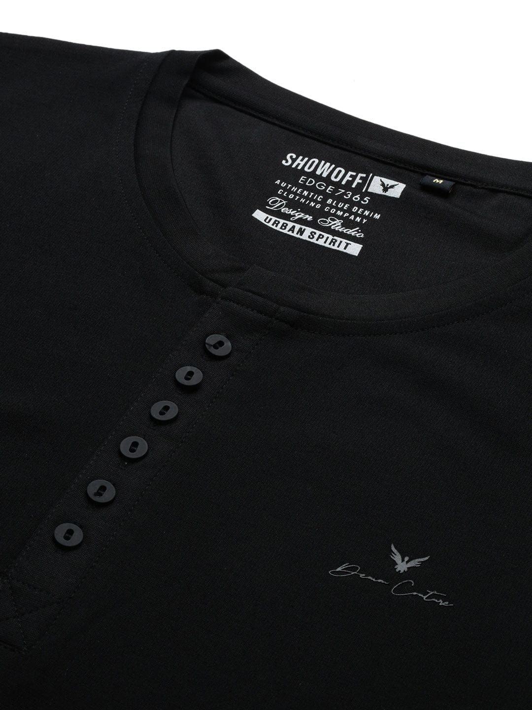 Men's Black Henley Neck Cotton Slim Fit Solid T-Shirt