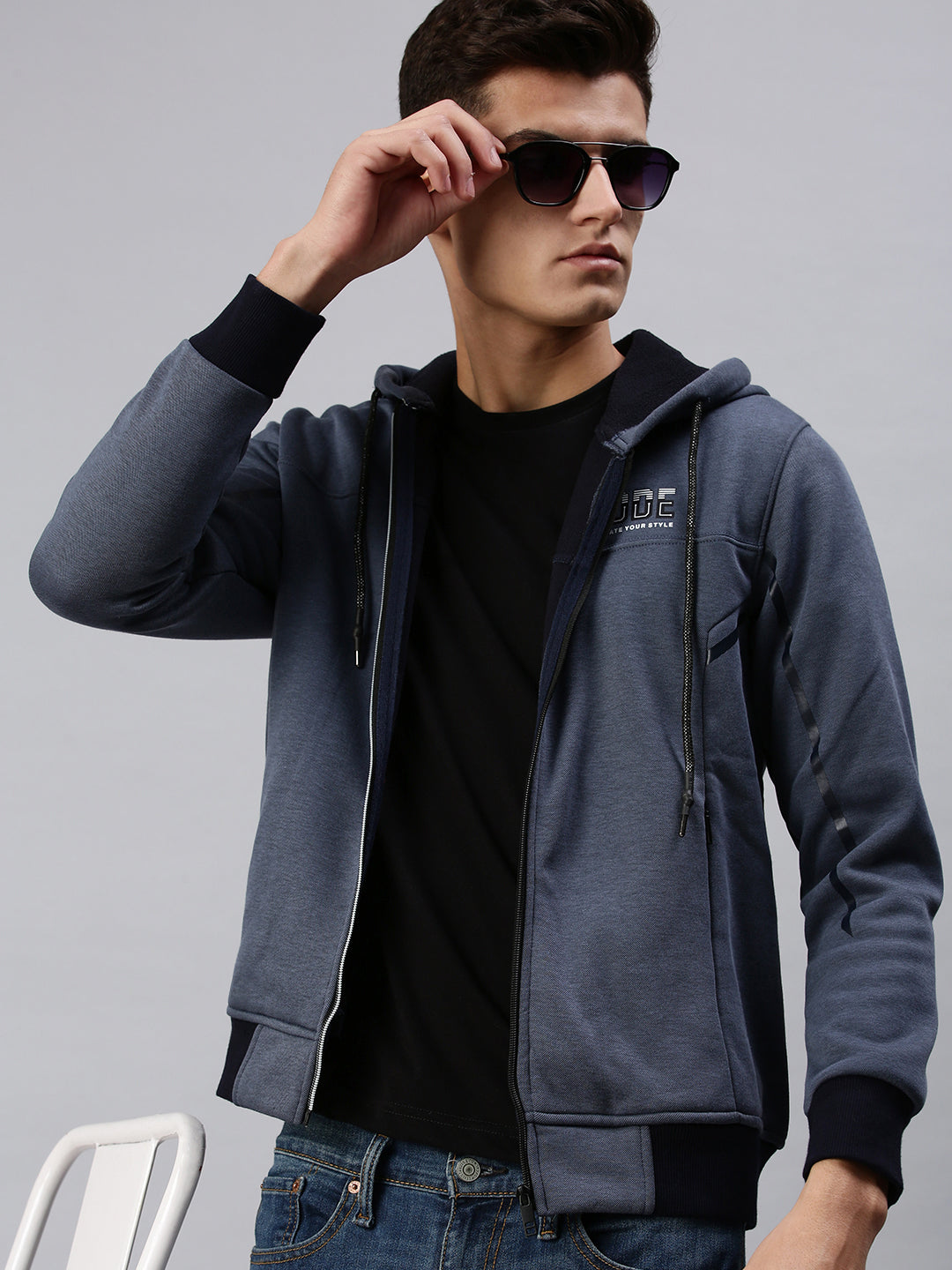 Men Hooded Solid Navy Blue Sweatshirt