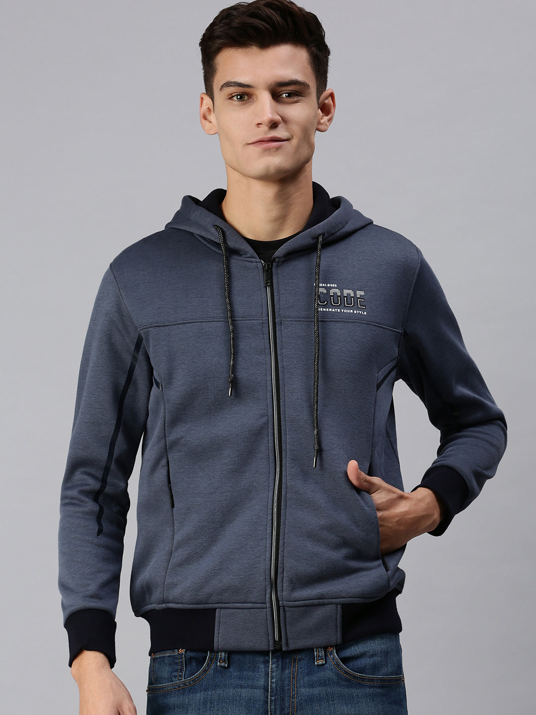 Men Hooded Solid Navy Blue Sweatshirt