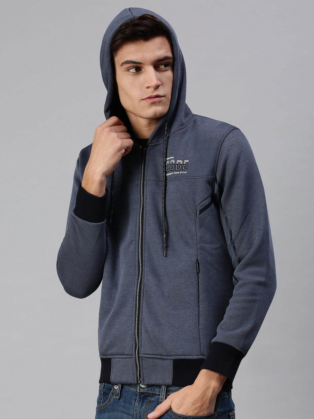 Men Hooded Solid Navy Blue Sweatshirt