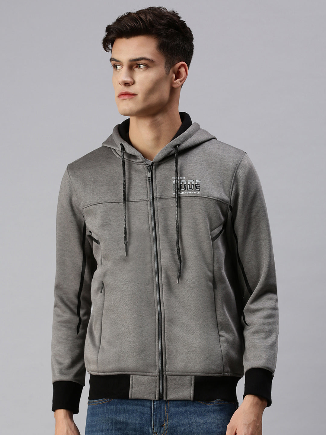 Men Hooded Solid Grey Sweatshirt