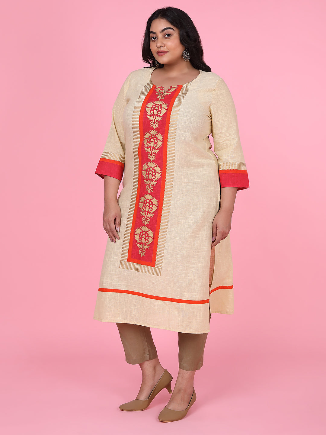 Women Cream Floral Straight Kurta