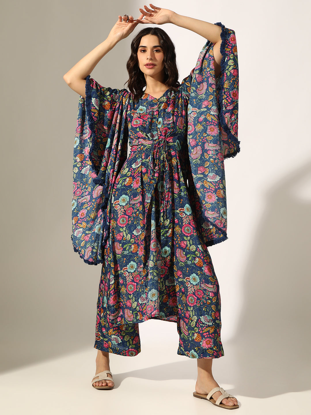 Women's Multi Floral Printed Kaftan Style Flared Kurta Set
