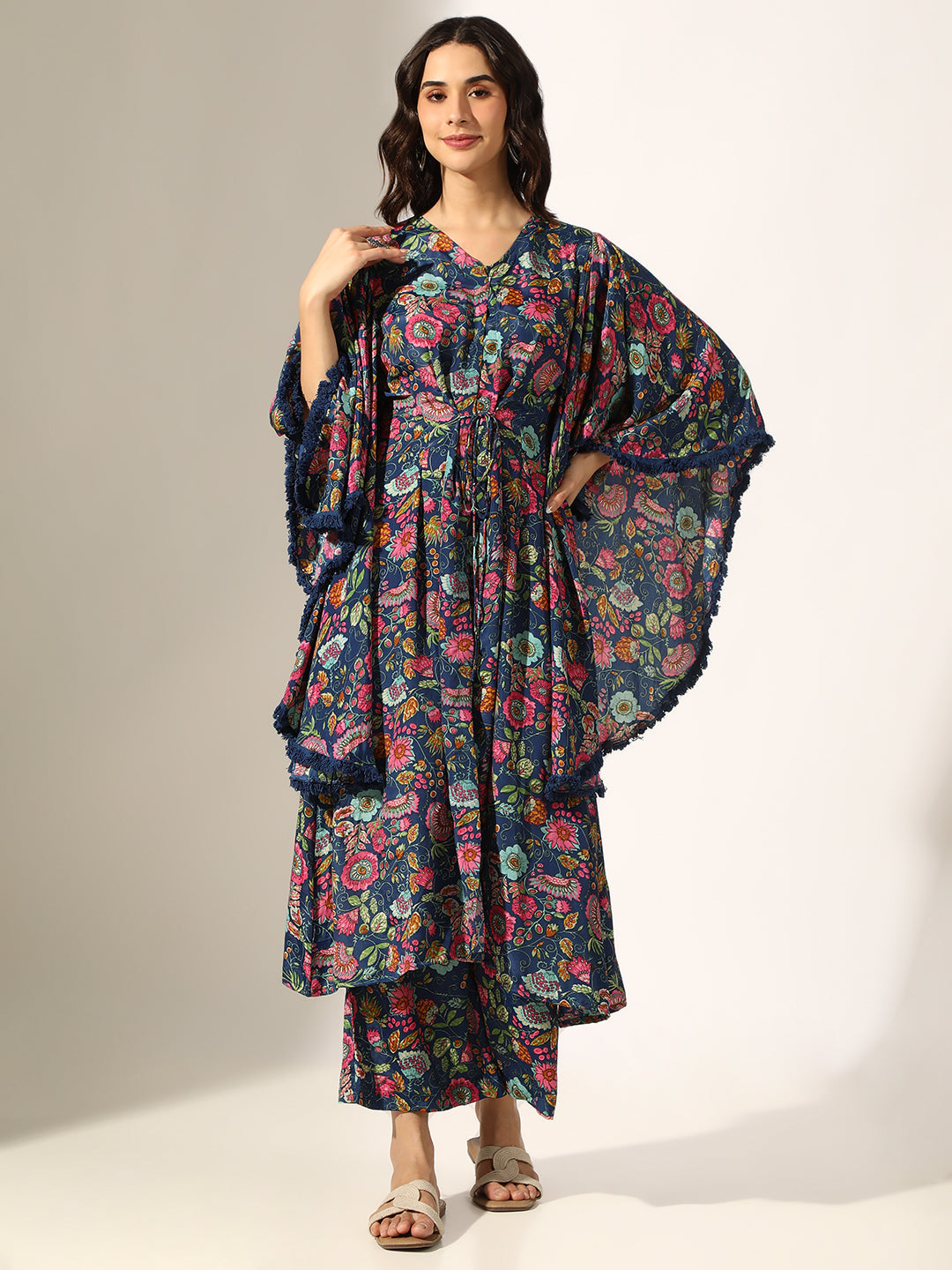 Women's Multi Floral Printed Kaftan Style Flared Kurta Set