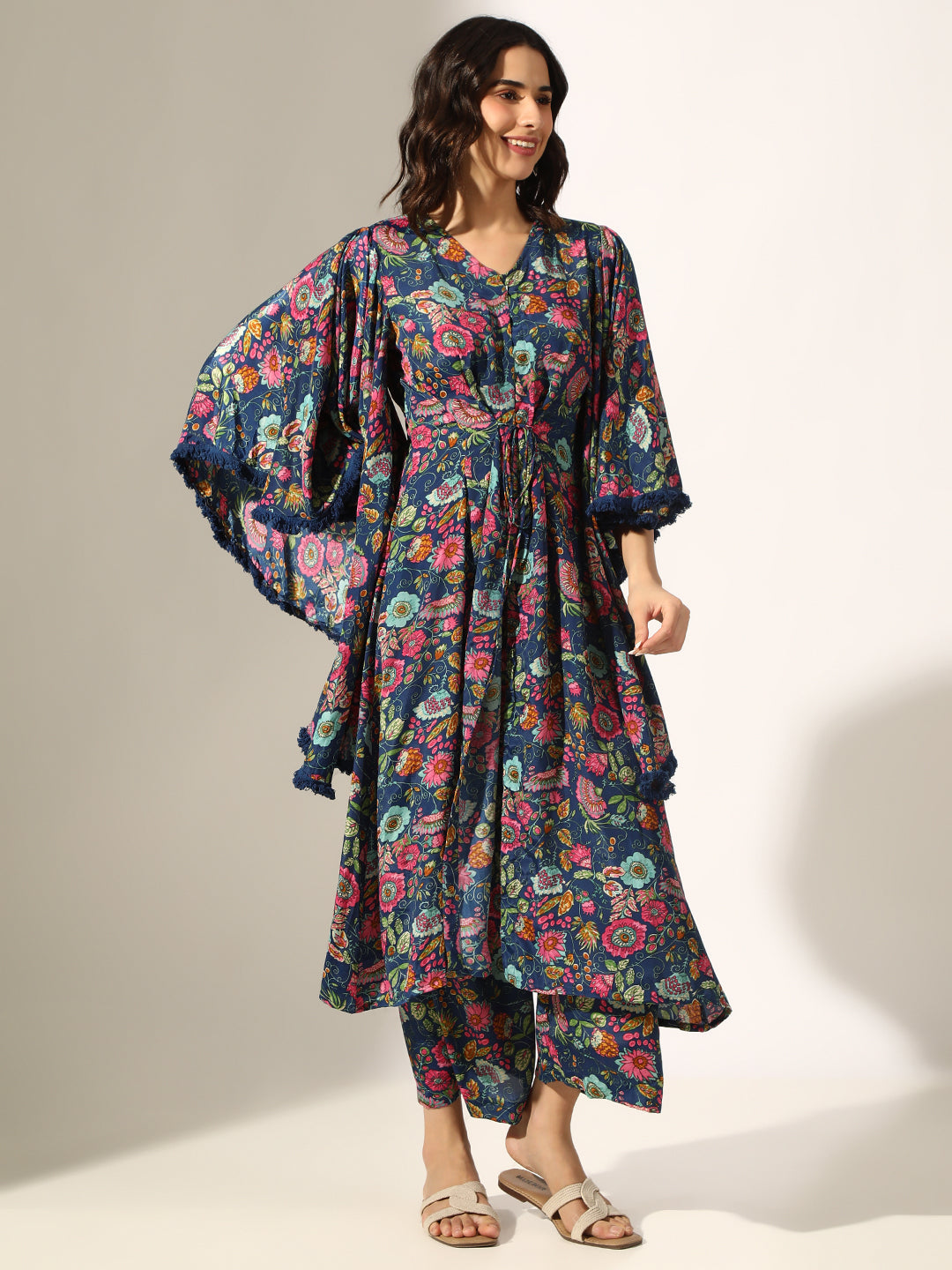 Women's Multi Floral Printed Kaftan Style Flared Kurta Set