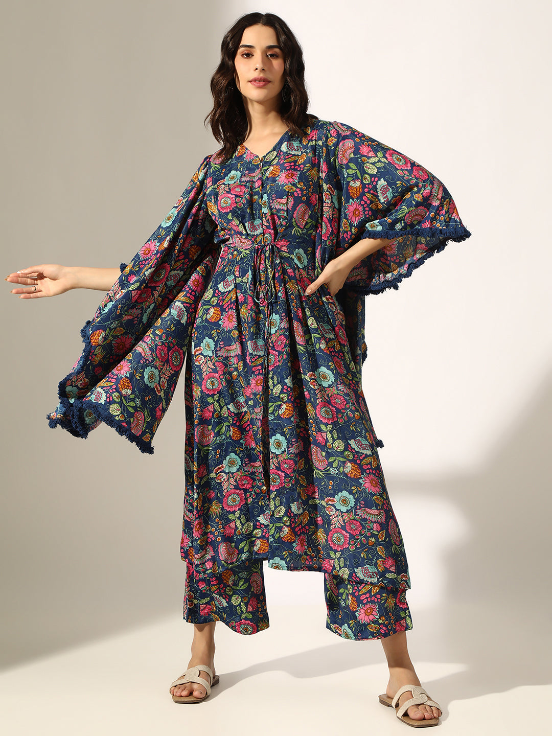 Women's Multi Floral Printed Kaftan Style Flared Kurta Set