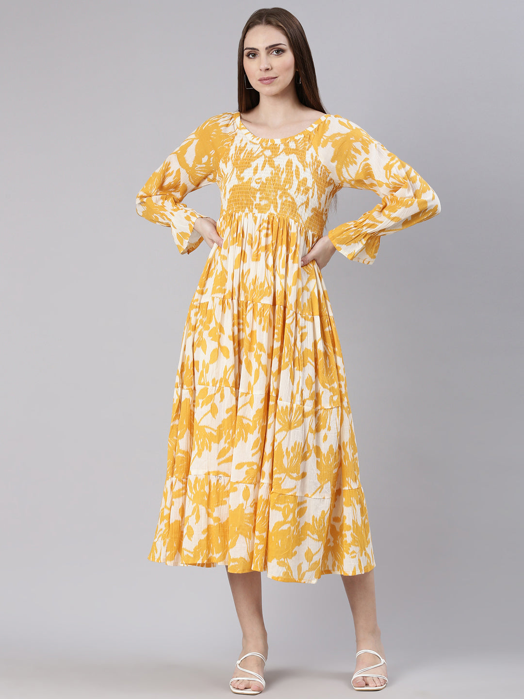 Women Mustard Floral Empire Dress