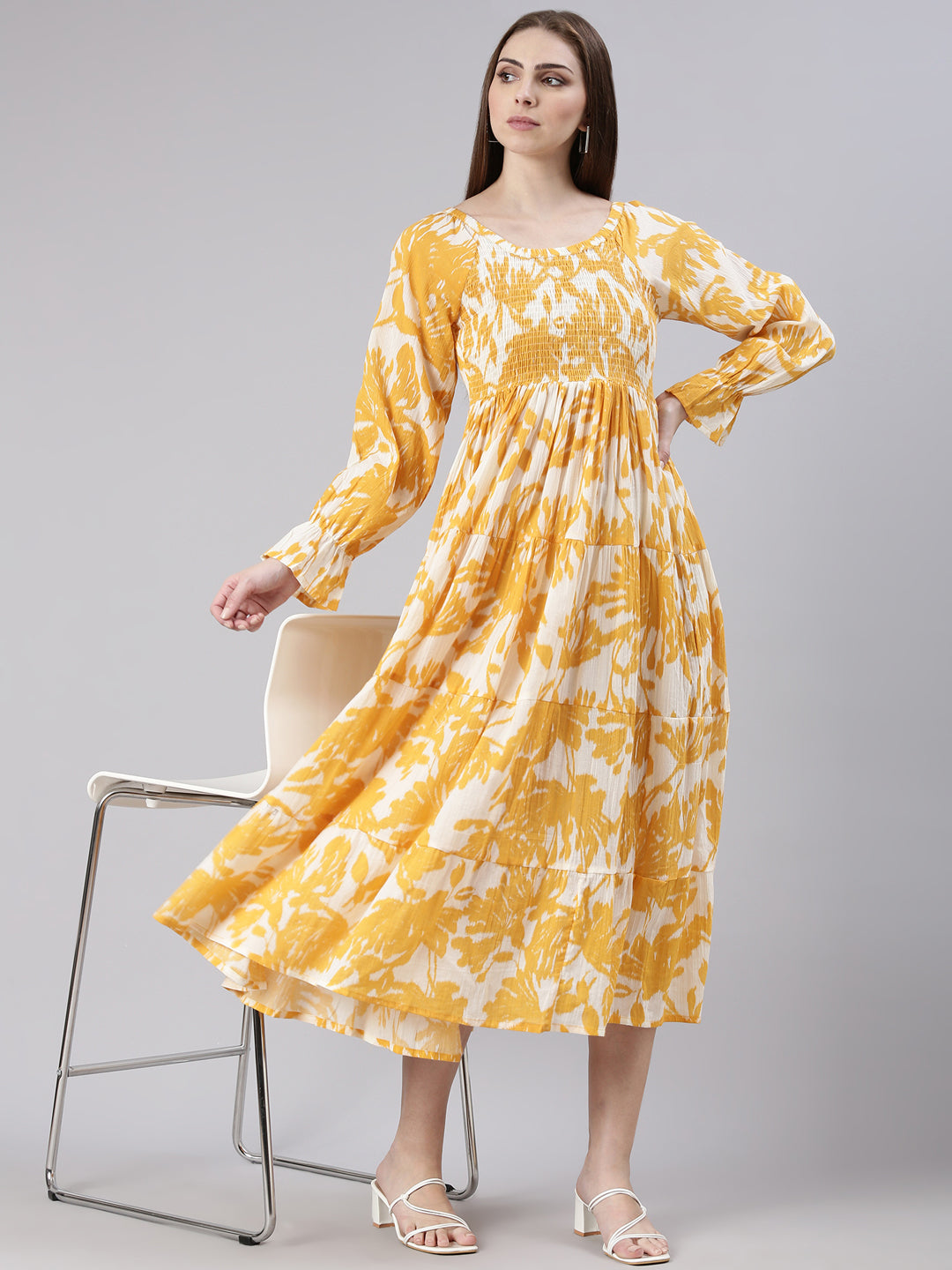 Women Mustard Floral Empire Dress