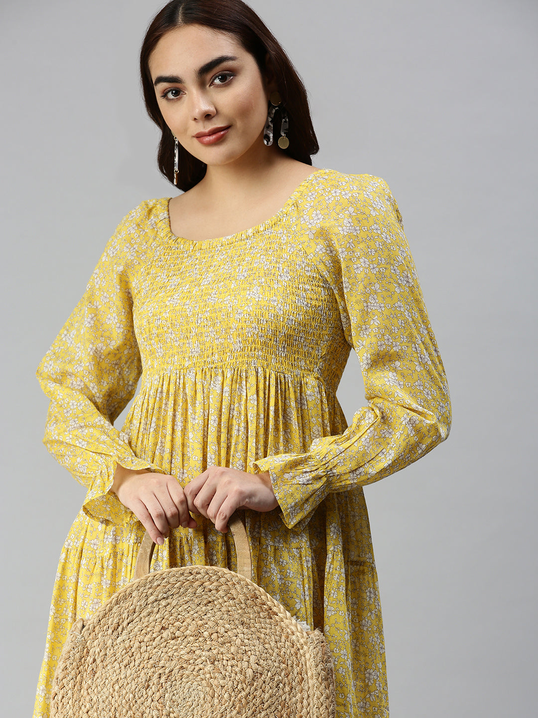 Women Printed Fit and Flare Yellow Dress