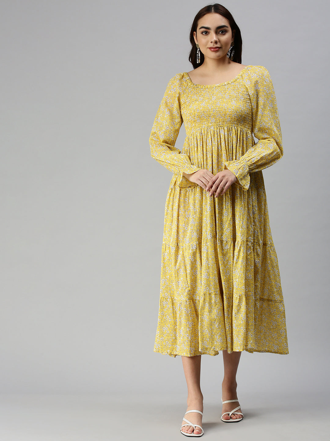 Women Printed Fit and Flare Yellow Dress