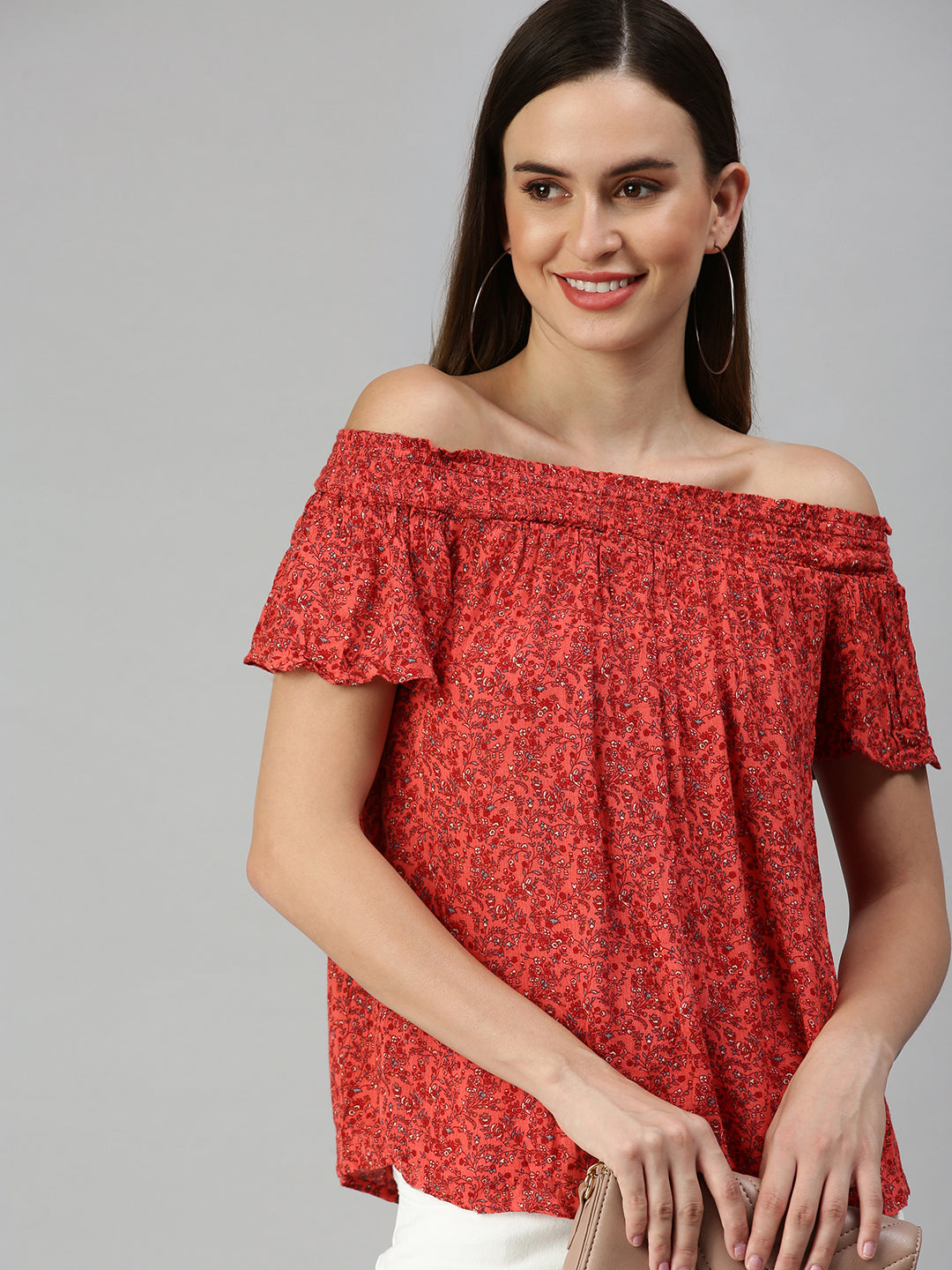 Women Off-Shoulder Printed Red A-Line Top