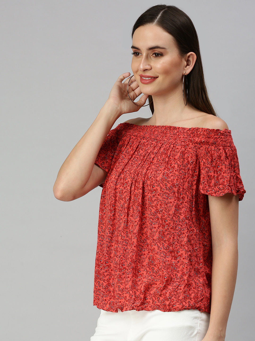 Women Off-Shoulder Printed Red A-Line Top