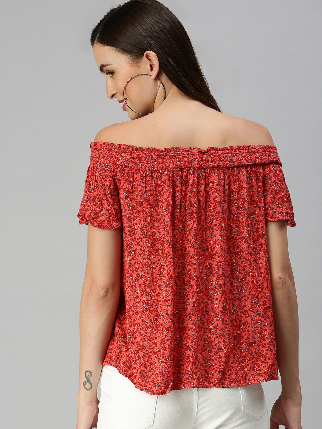 Women Off-Shoulder Printed Red A-Line Top