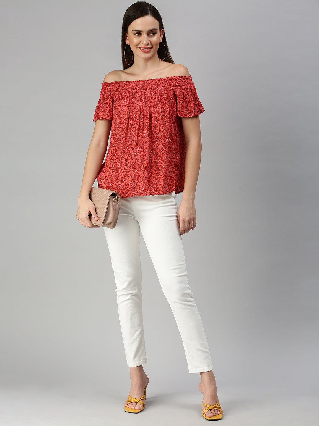 Women Off-Shoulder Printed Red A-Line Top