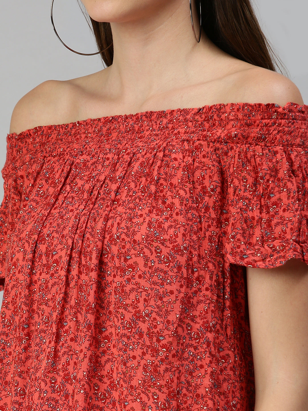 Women Off-Shoulder Printed Red A-Line Top