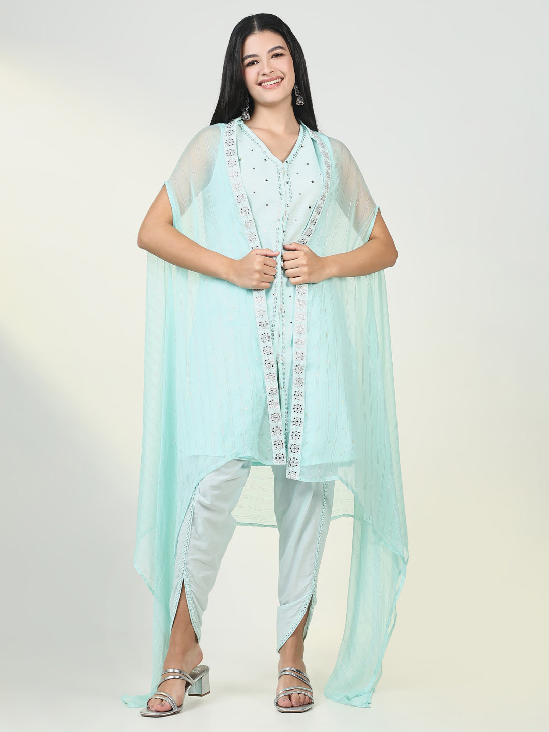 Women Solid Blue Kurta Set with Coat