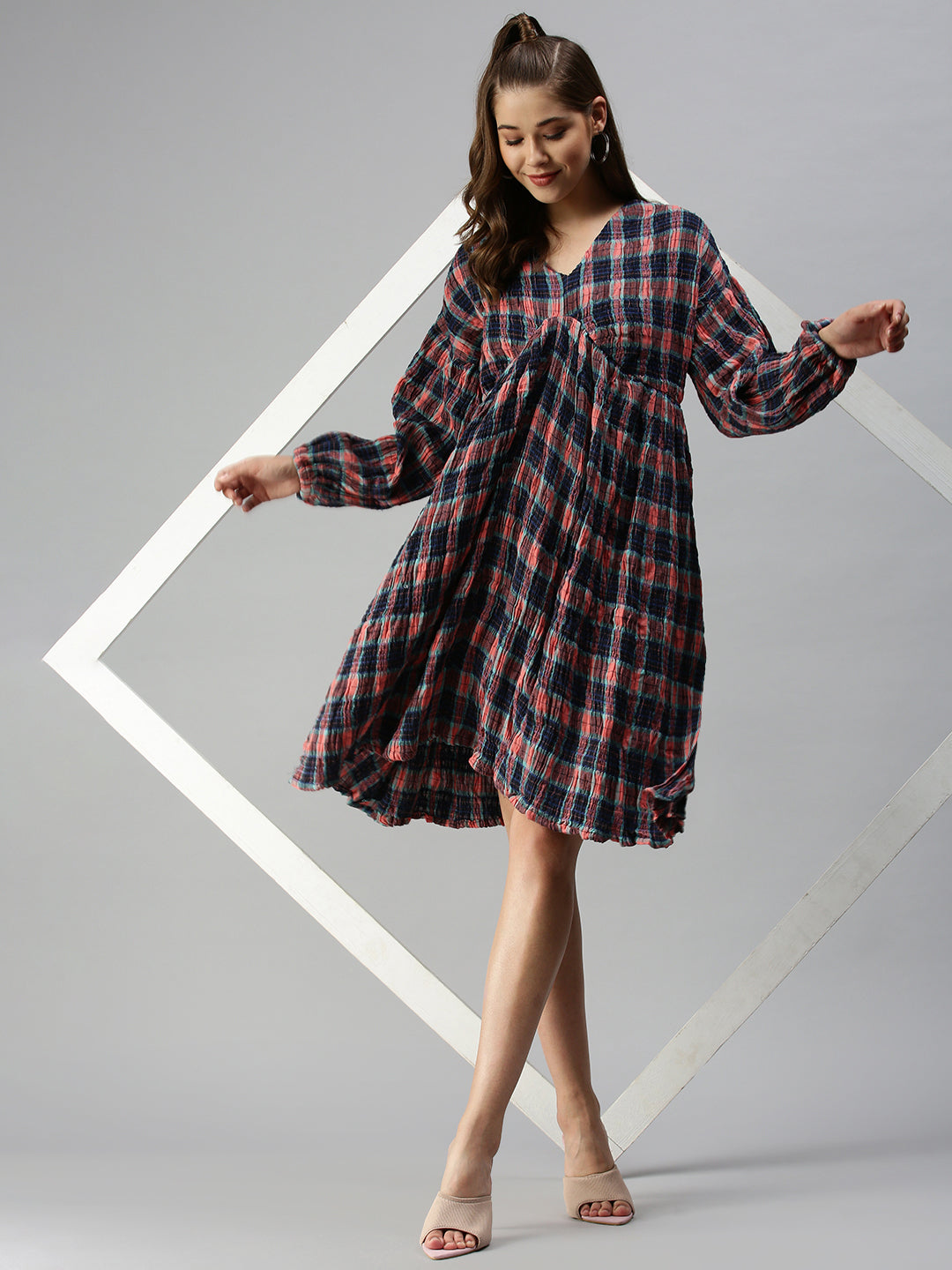 Women's V-Neck Printed Fit and Flare Multi Dress