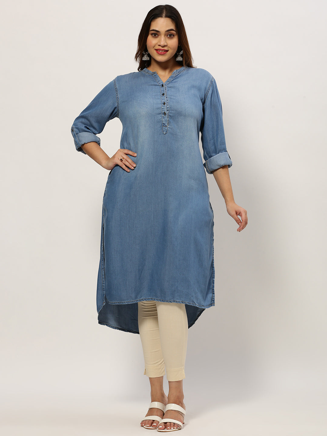 Women Knee Length Straight Blue Solid Kurta