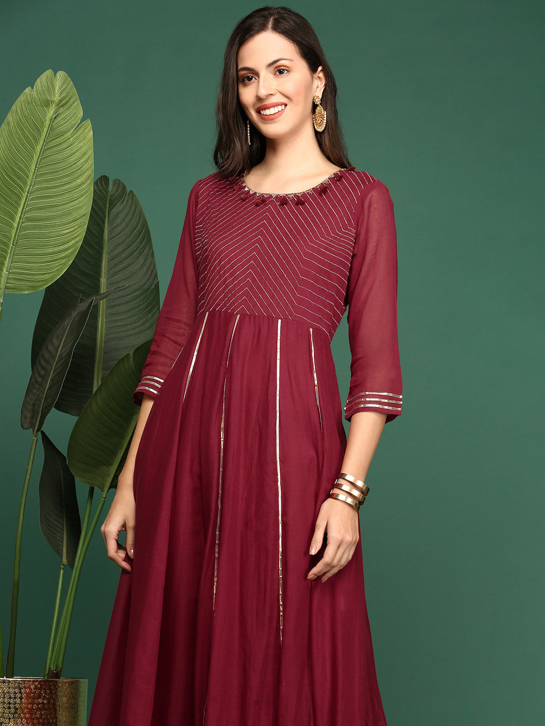 Women's Maroon Solid A-Line Kurta