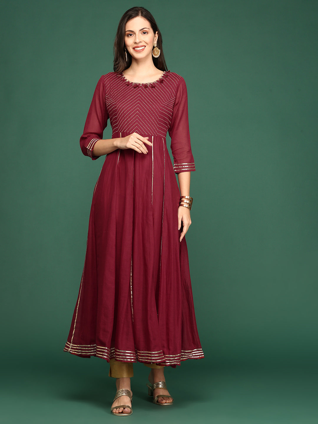 Women's Maroon Solid A-Line Kurta