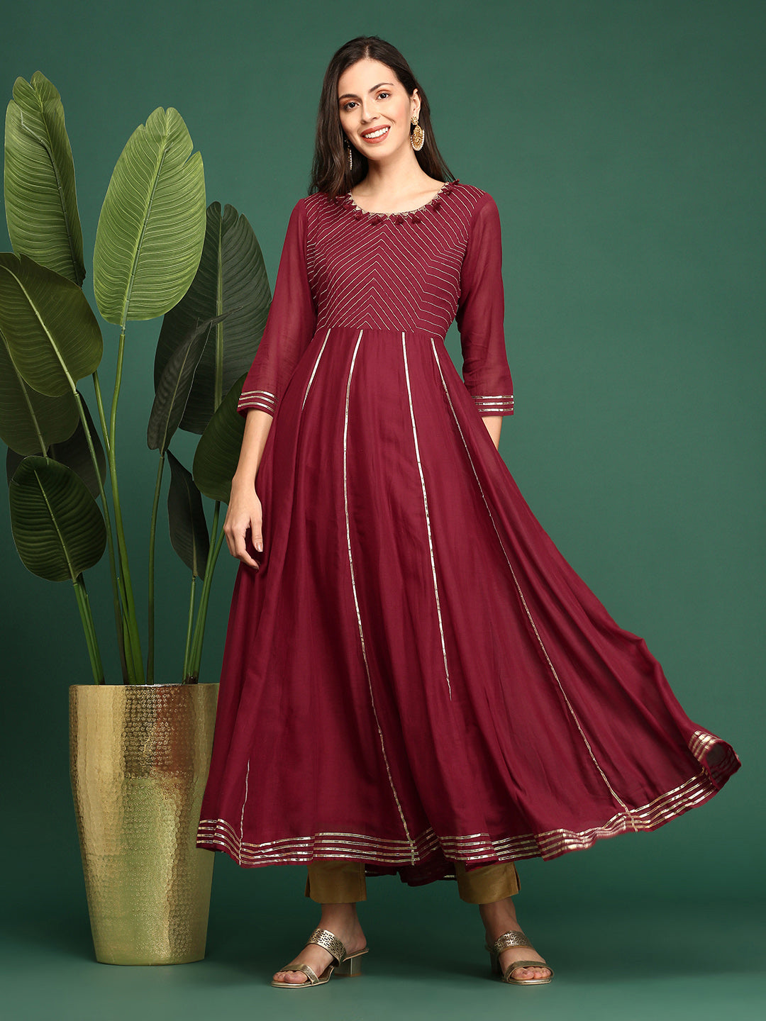 Women's Maroon Solid A-Line Kurta