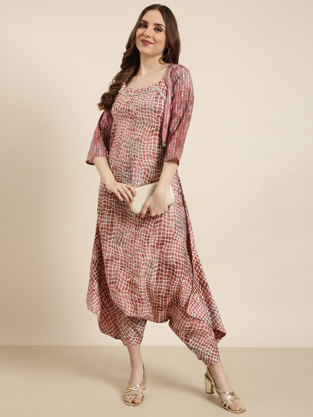 Women Peach Printed Jumpsuit with Shrug