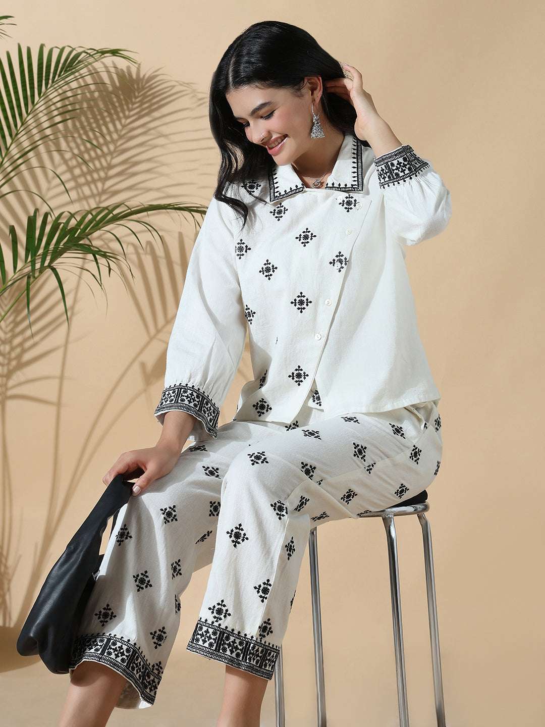 Women Off White Embroidered Co-ords Set