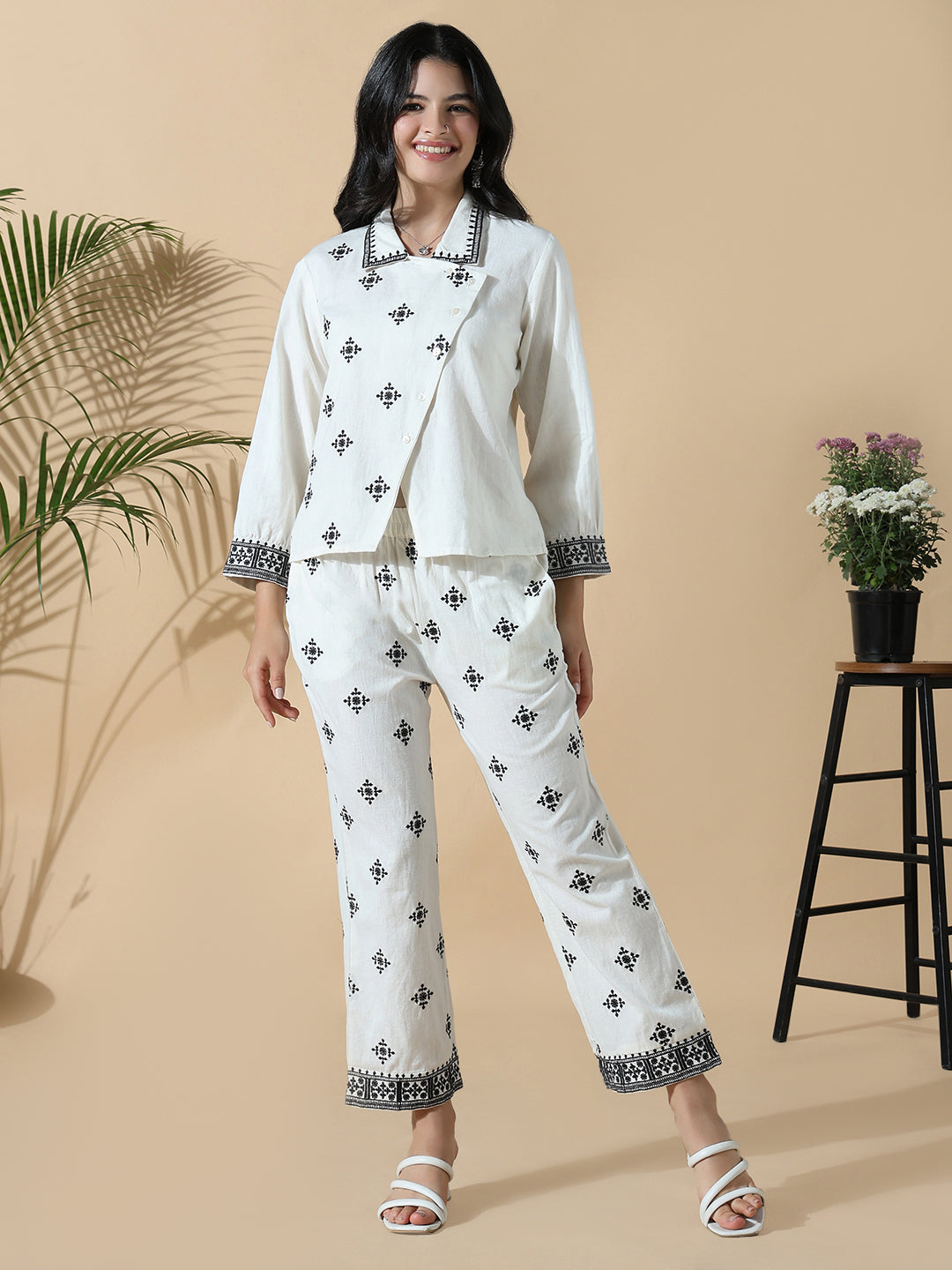 Women Off White Embroidered Co-ords Set