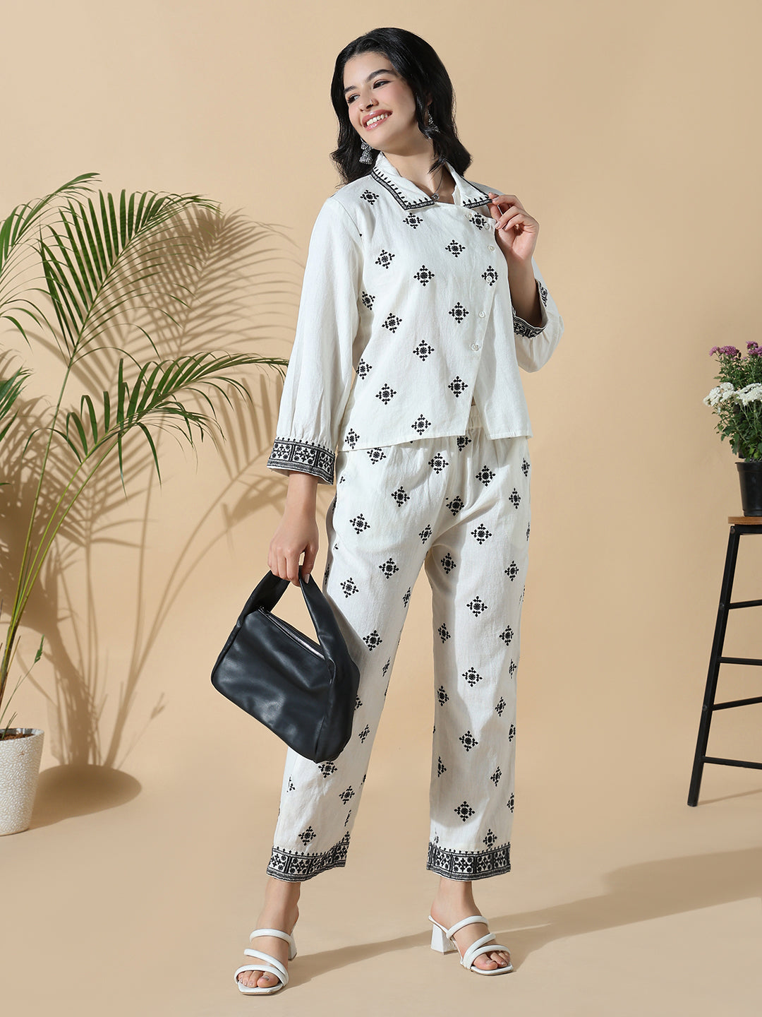 Women Off White Embroidered Co-ords Set